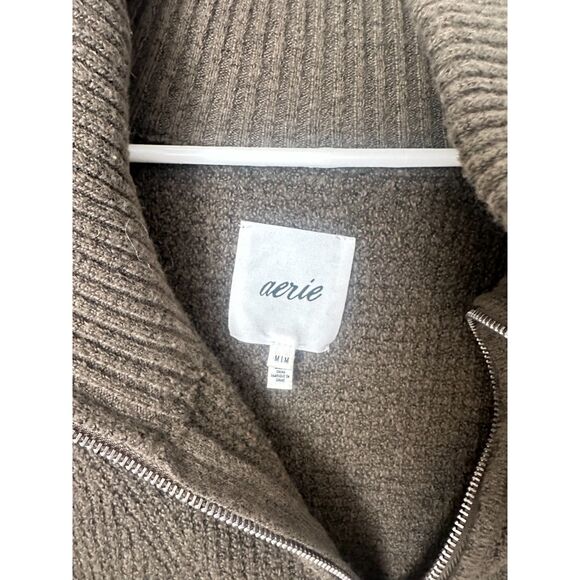 Aerie Women's Sweater Cozy Up Waffle 1/4 Zip Cowl Neck Army Green Size Medium - Picture 6 of 9